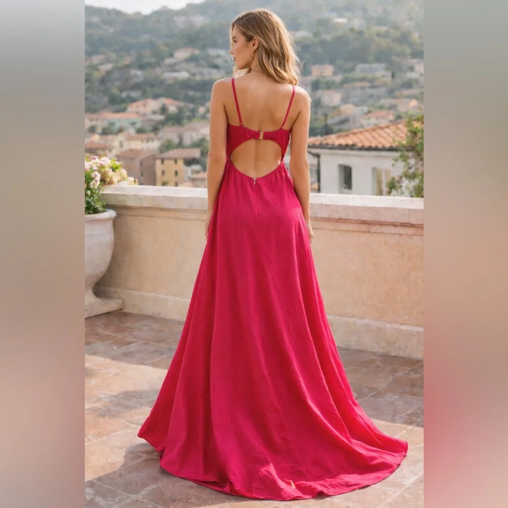 Abercrombie & Fitch Fuschia Pink Open Back Maxi Dress Gown Cotton Formal LT